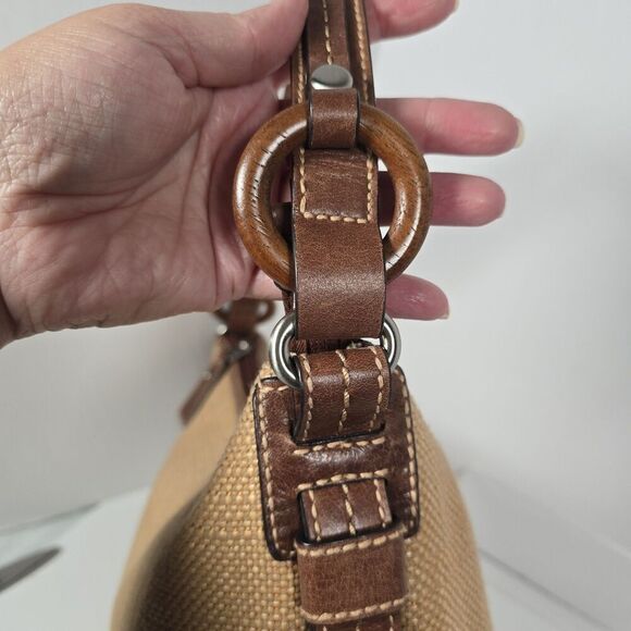 Fossil Shoulder Bag Natural Woven Fabric Paisley Leather Brown Beige Wooden Key - Picture 6 of 13
